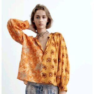 Zara boho Floral Blouse in Orange and Yellow, little mirrored flowers.